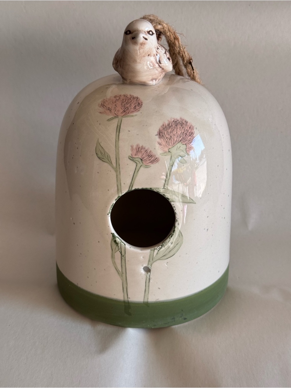 22" Ceramic Glaze Birdhouse W/ Hand-Painted Floral Design and Bird Figure On Top